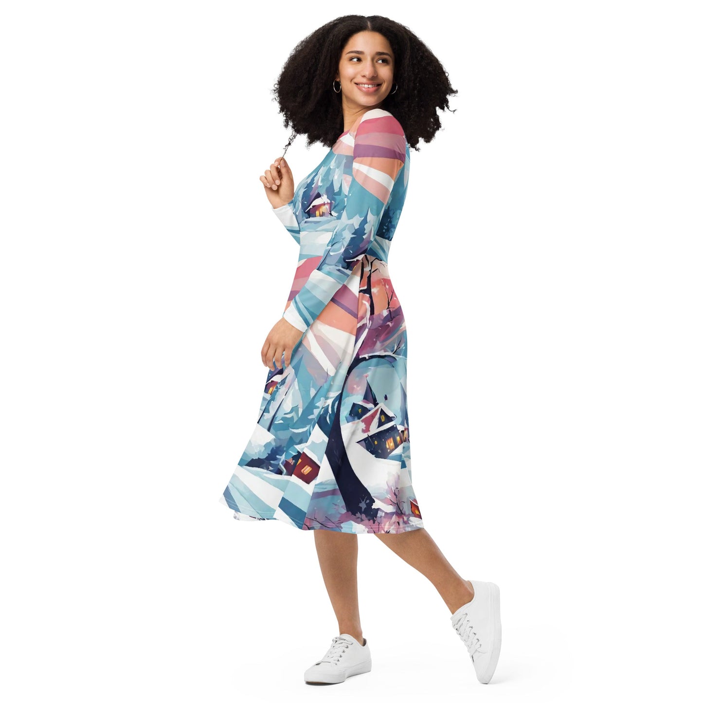 All-over print long sleeve midi dress