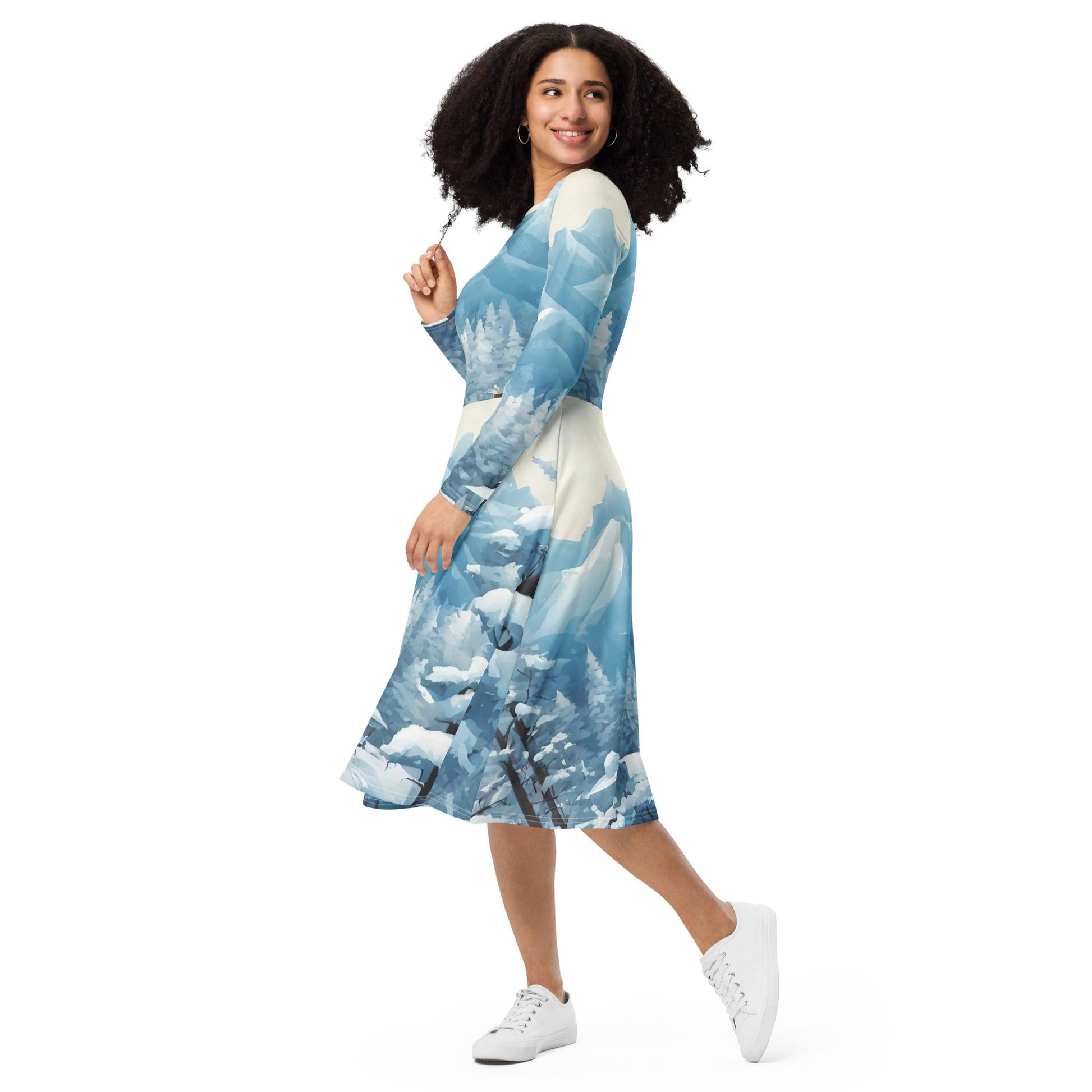 All-over print long sleeve midi dress