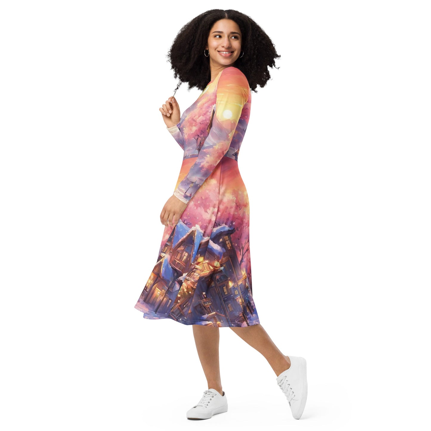 All-over print long sleeve midi dress