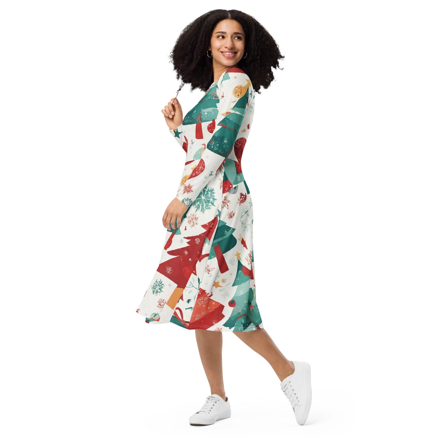 All-over print long sleeve midi dress