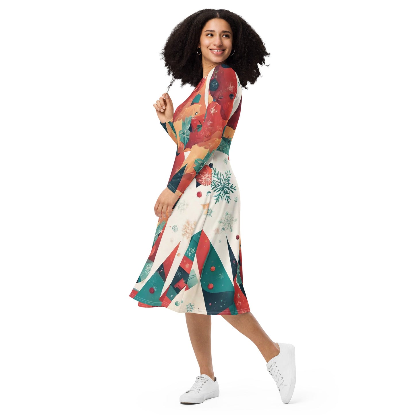 All-over print long sleeve midi dress