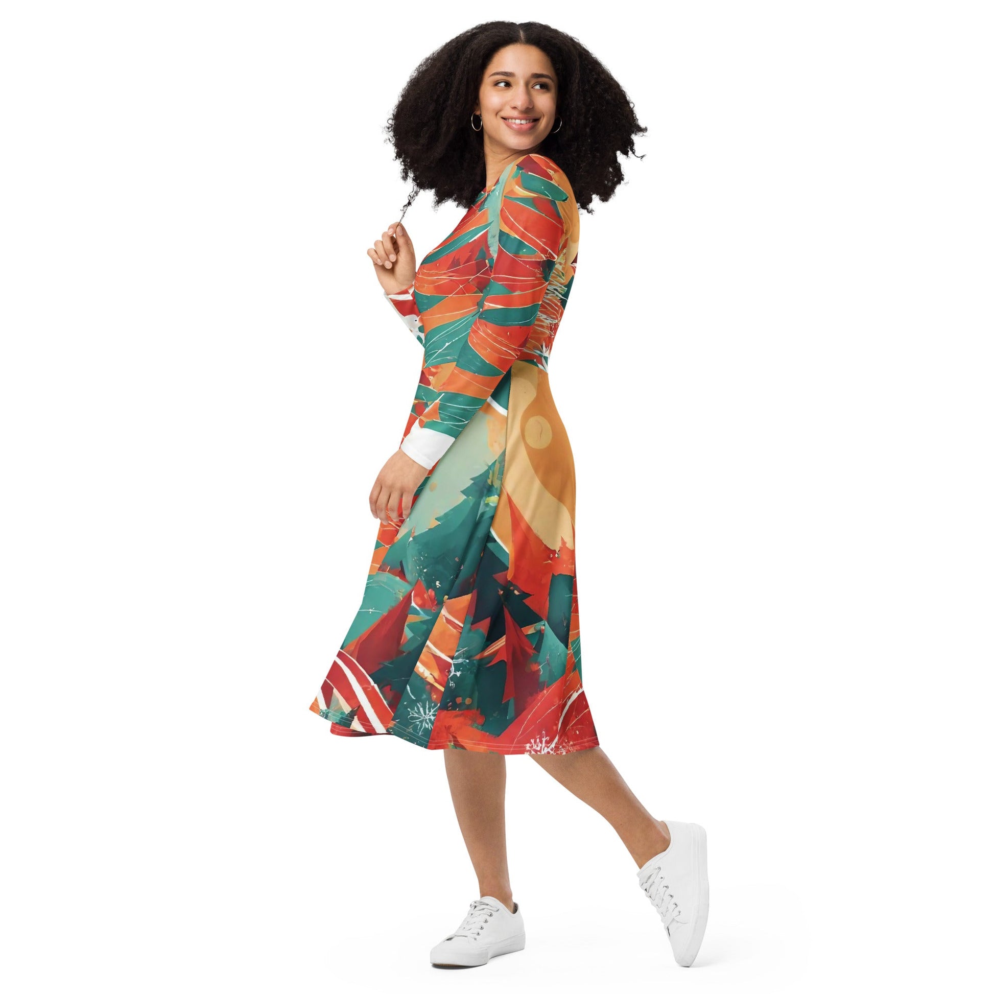All-over print long sleeve midi dress