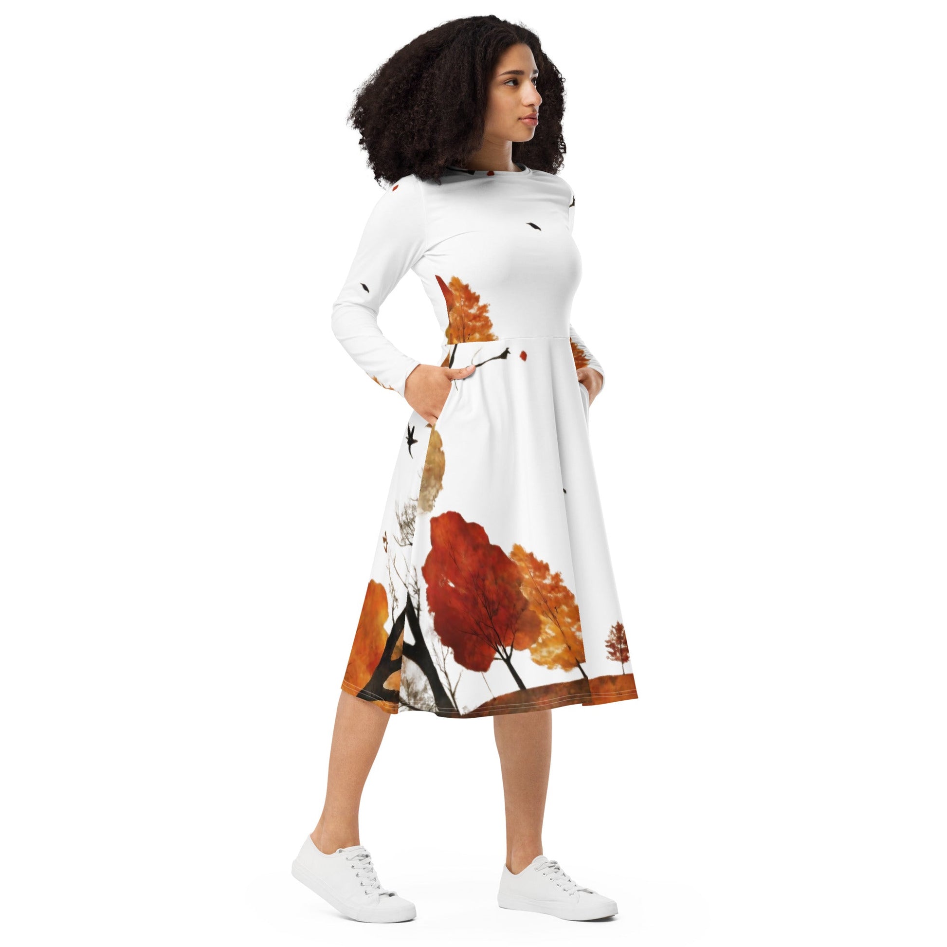 All-over print long sleeve midi dress