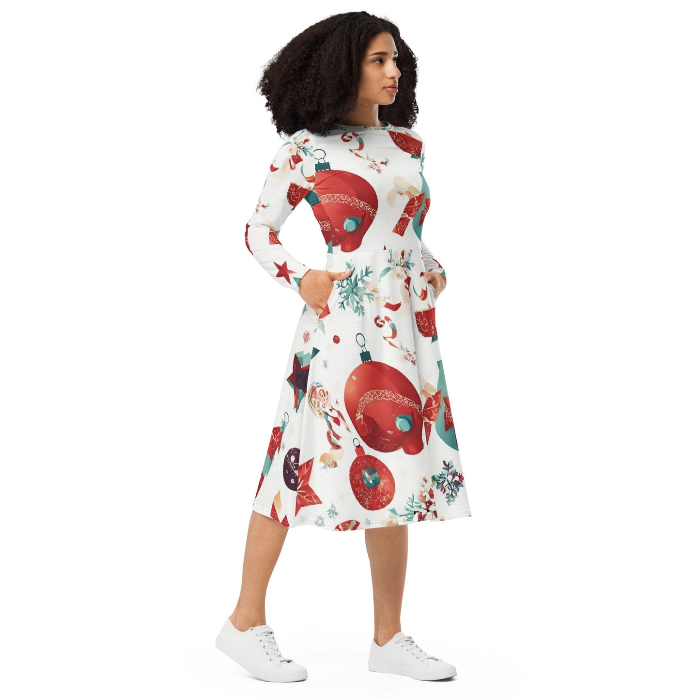 All-over print long sleeve midi dress