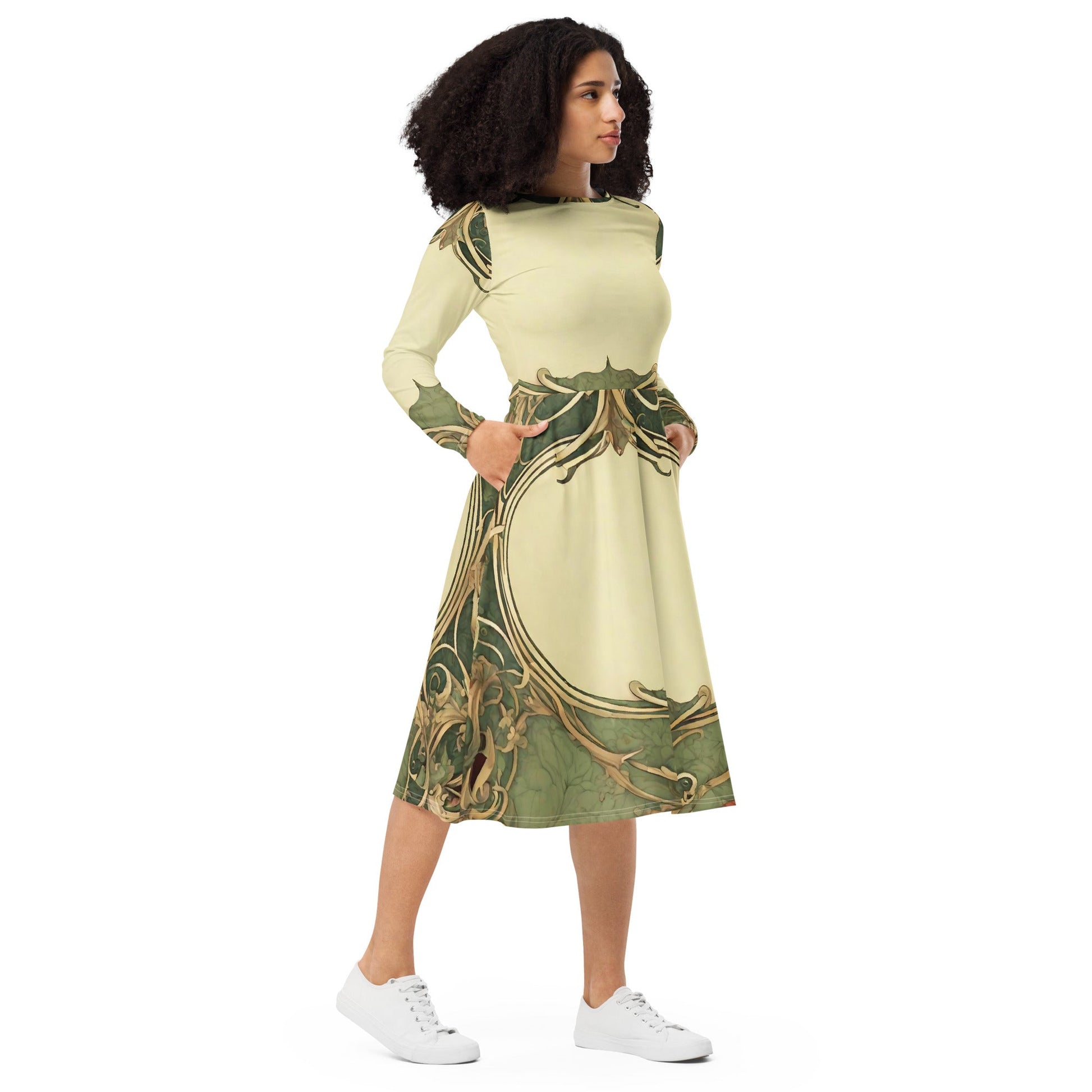 All-over print long sleeve midi dress