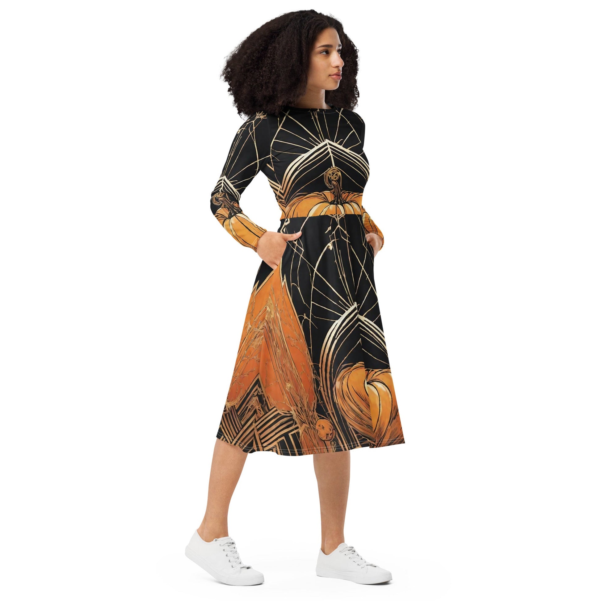 All-over print long sleeve midi dress