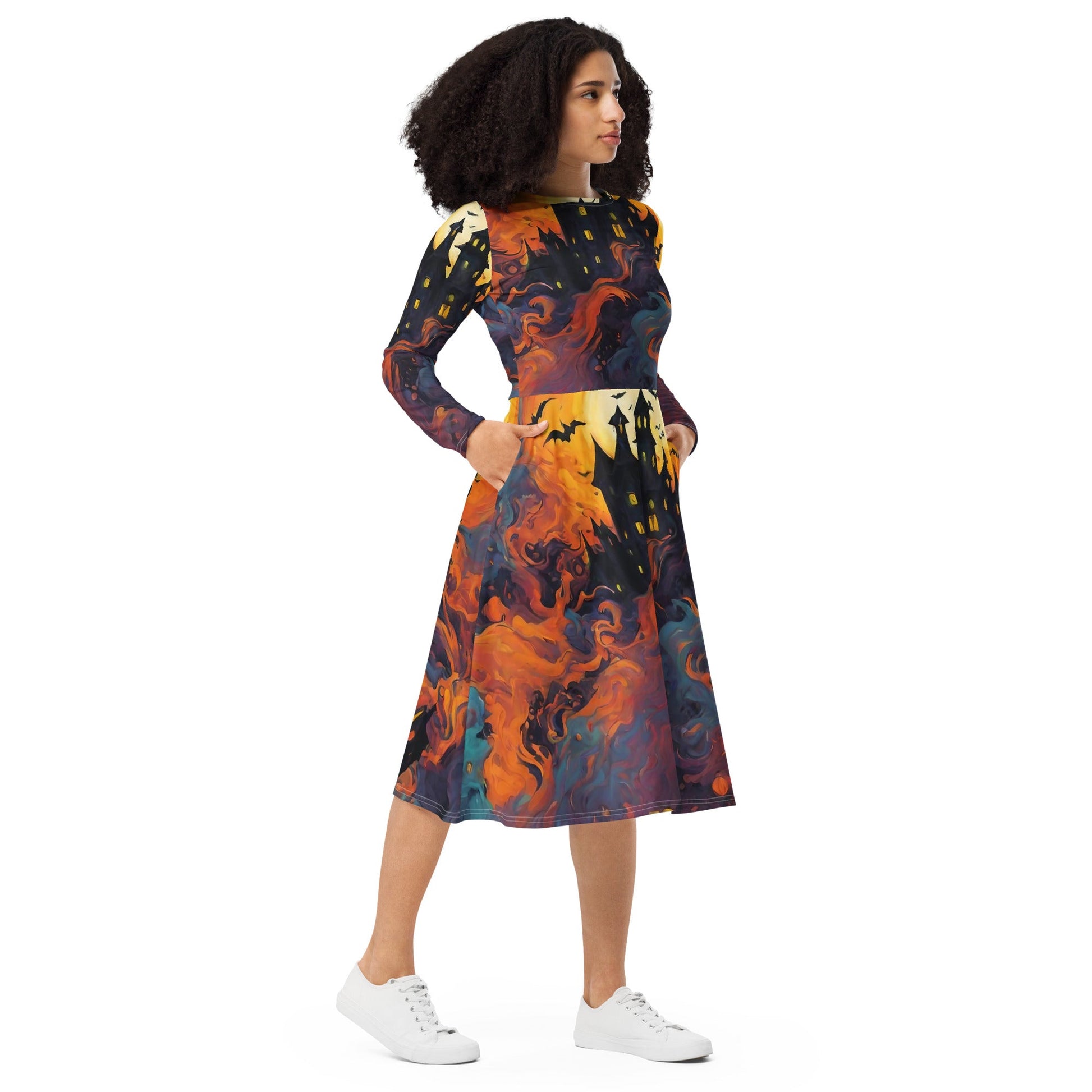 All-over print long sleeve midi dress