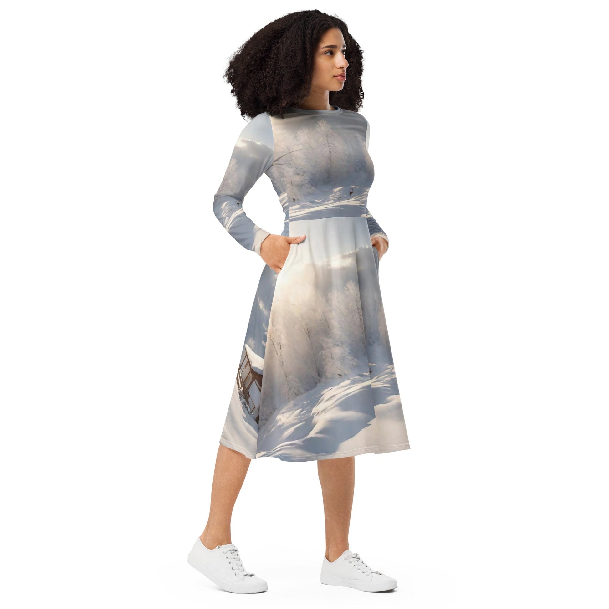 All-over print long sleeve midi dress