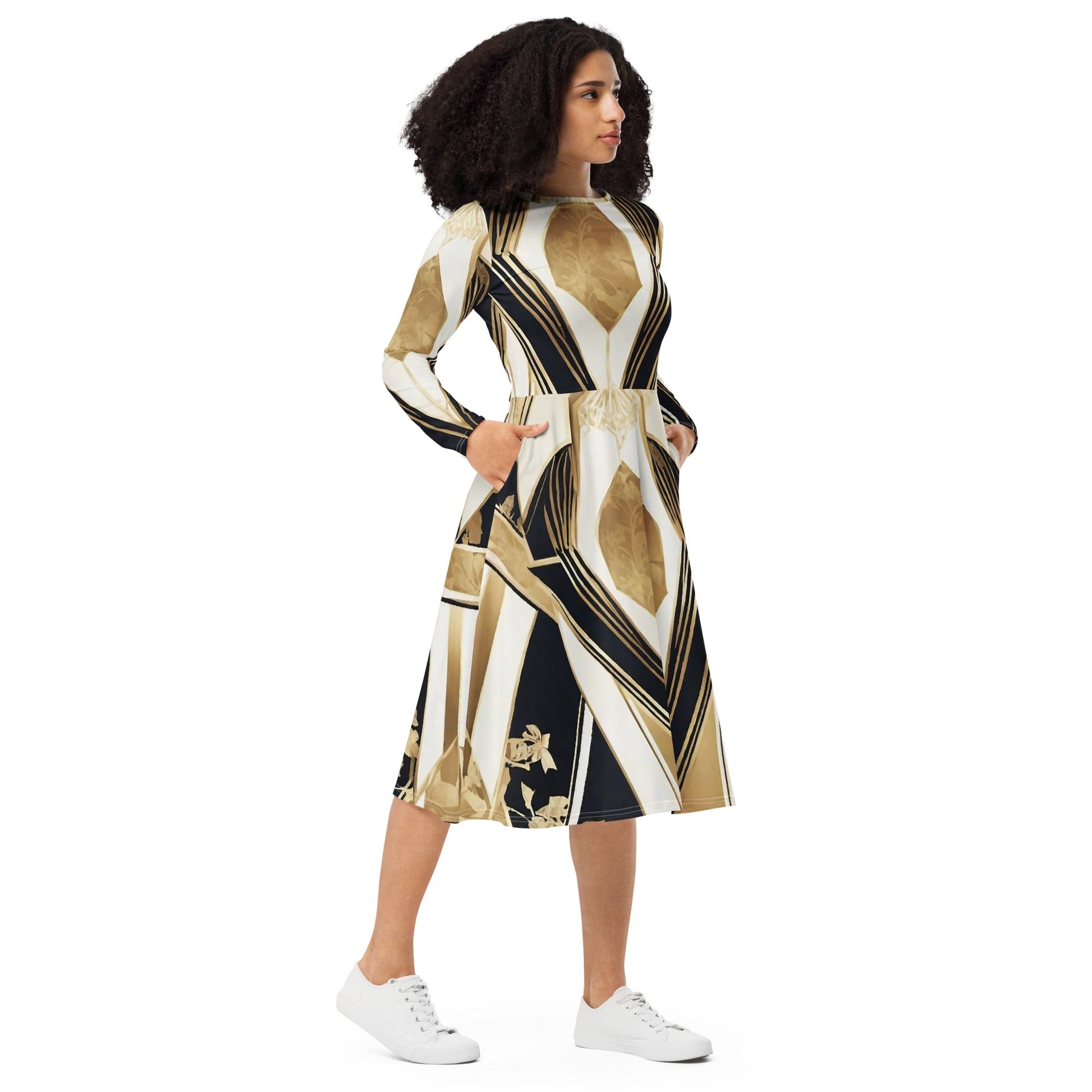 All-over print long sleeve midi dress