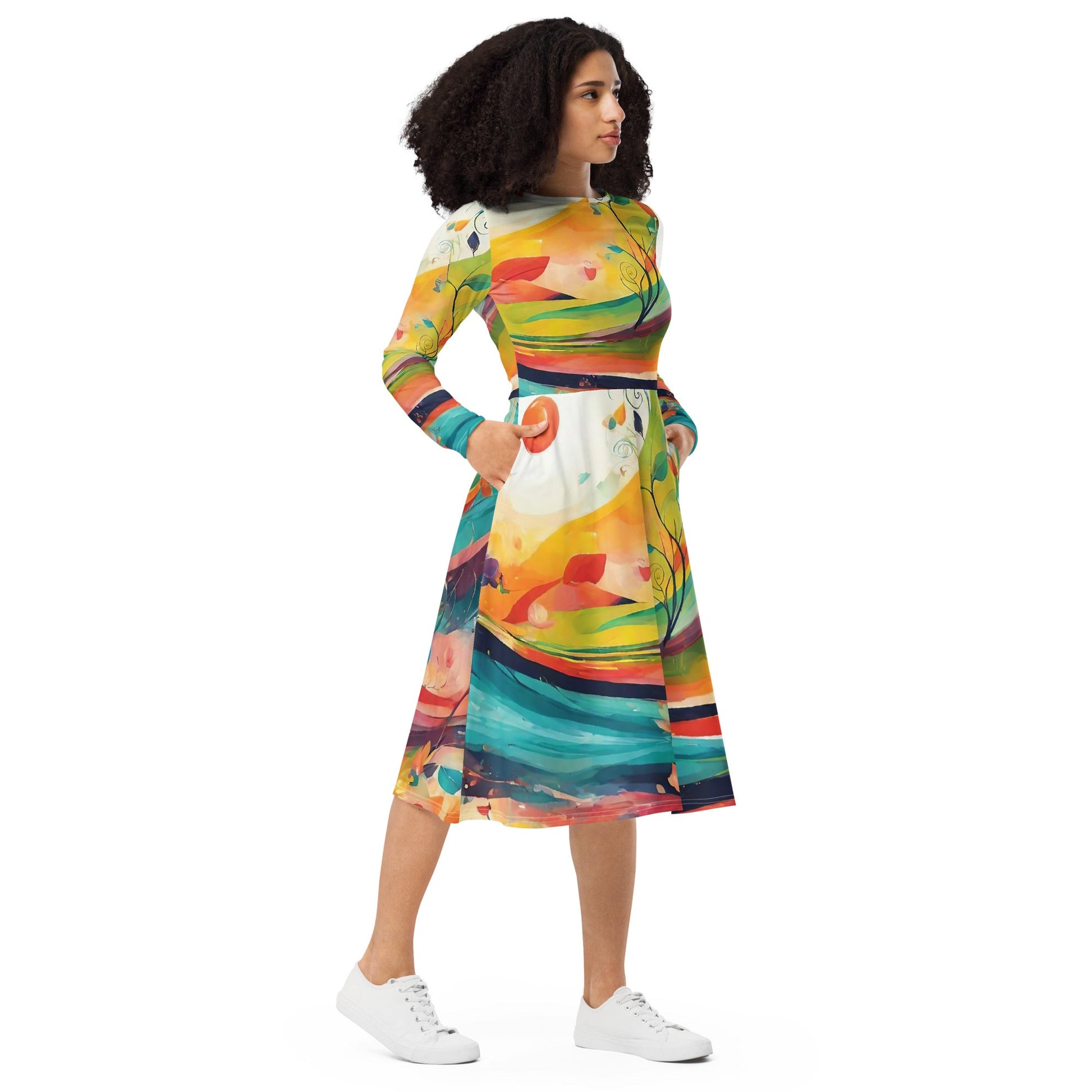 All-over print long sleeve midi dress