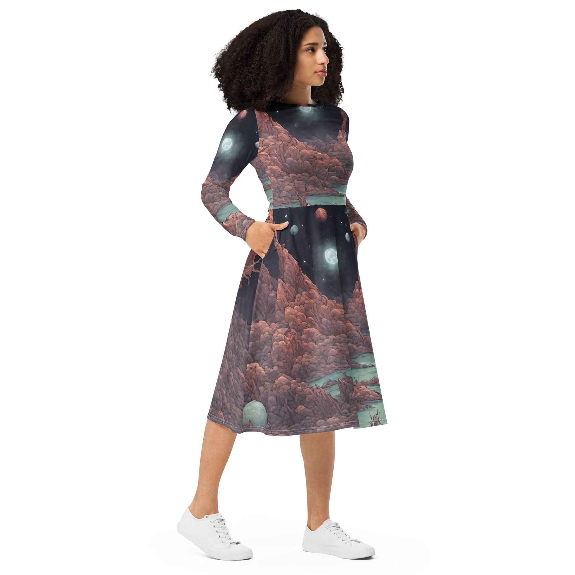 All-over print long sleeve midi dress
