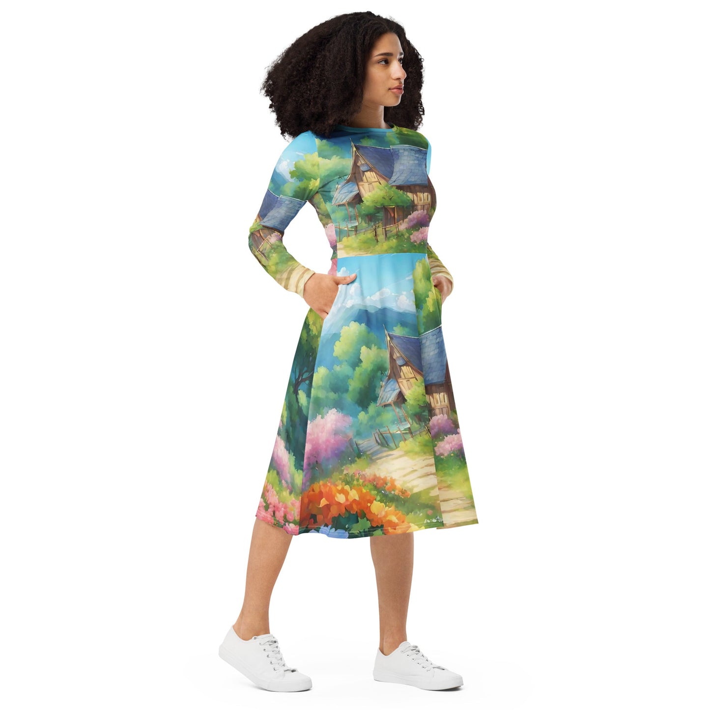 All-over print long sleeve midi dress