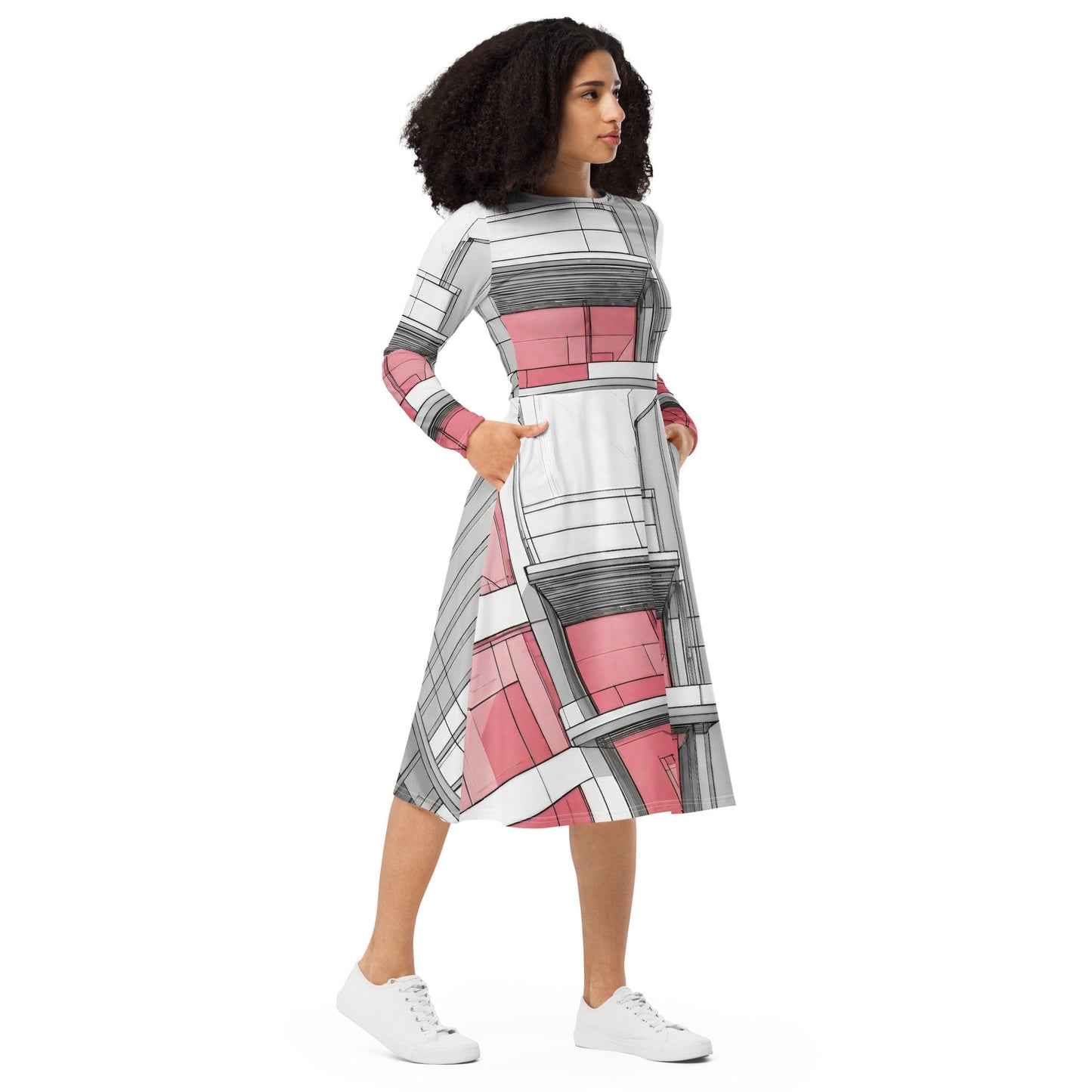 All-over print long sleeve midi dress