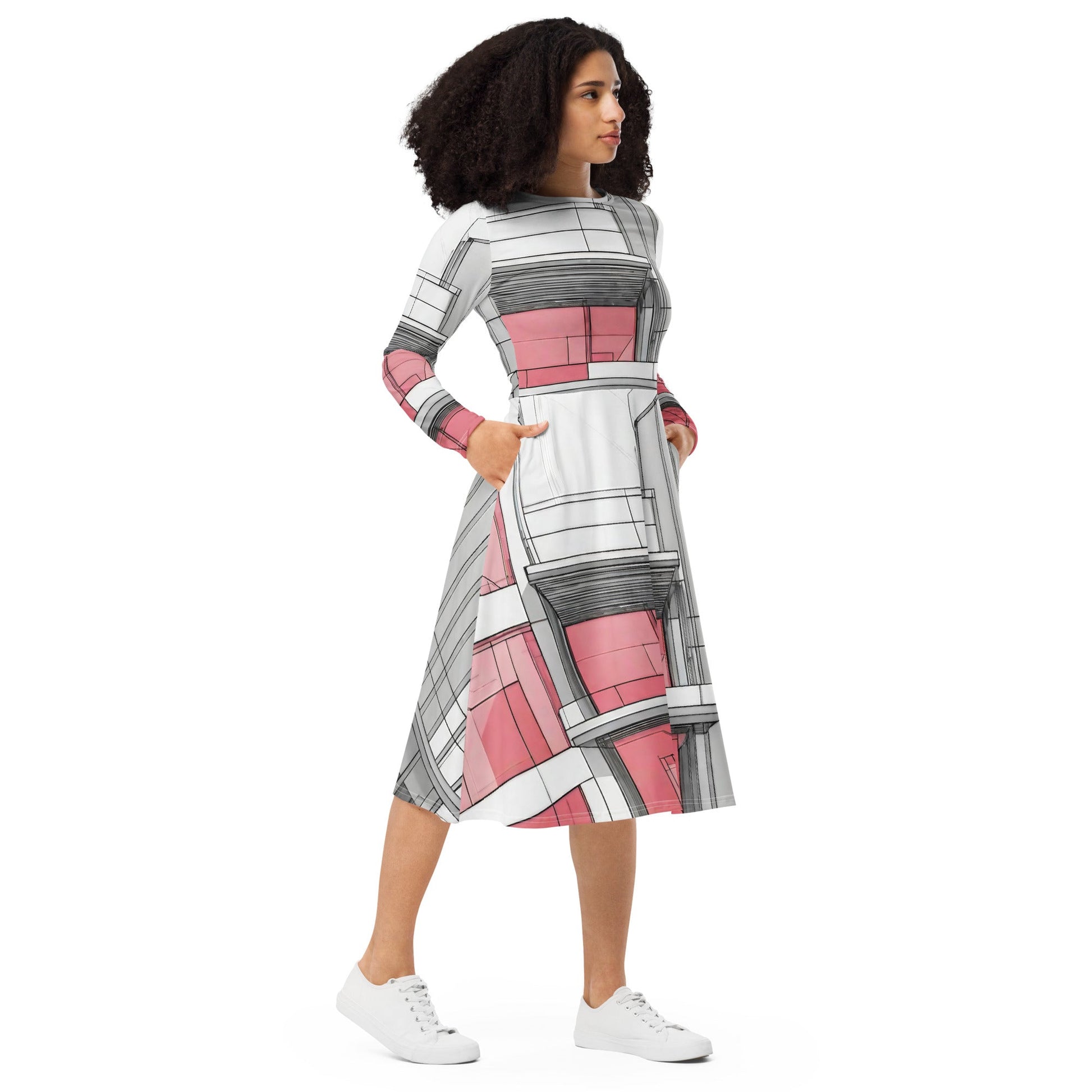 All-over print long sleeve midi dress