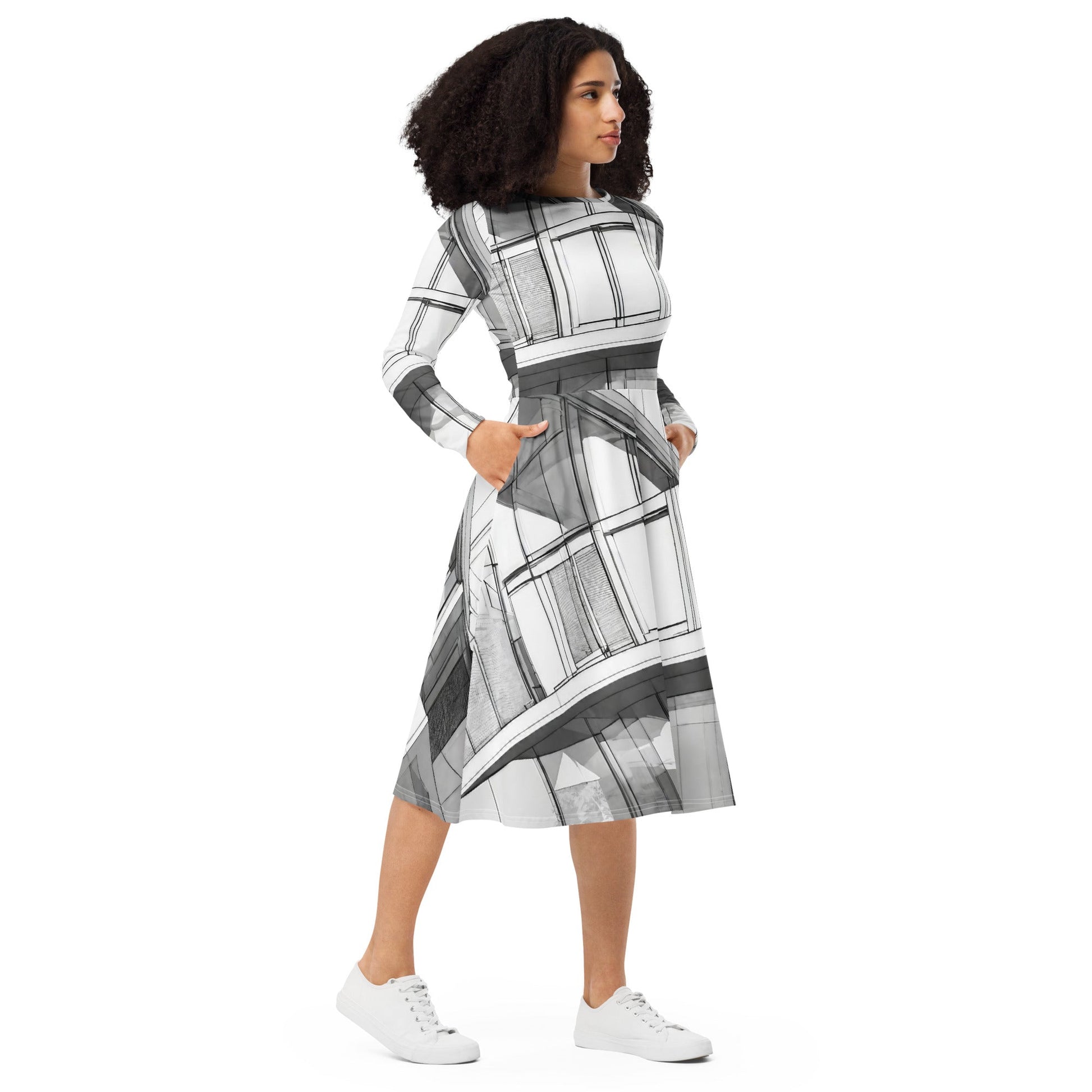 All-over print long sleeve midi dress