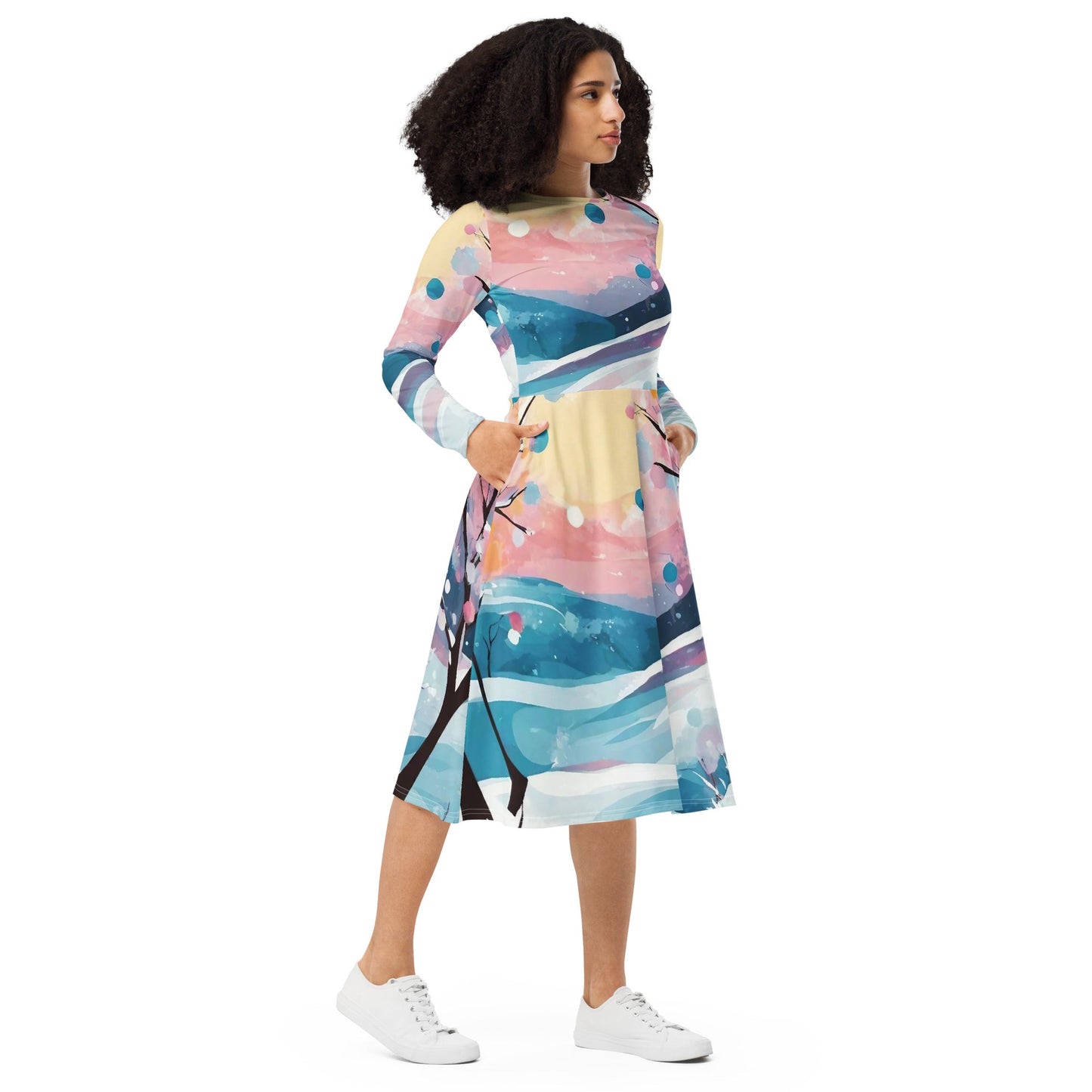 All-over print long sleeve midi dress