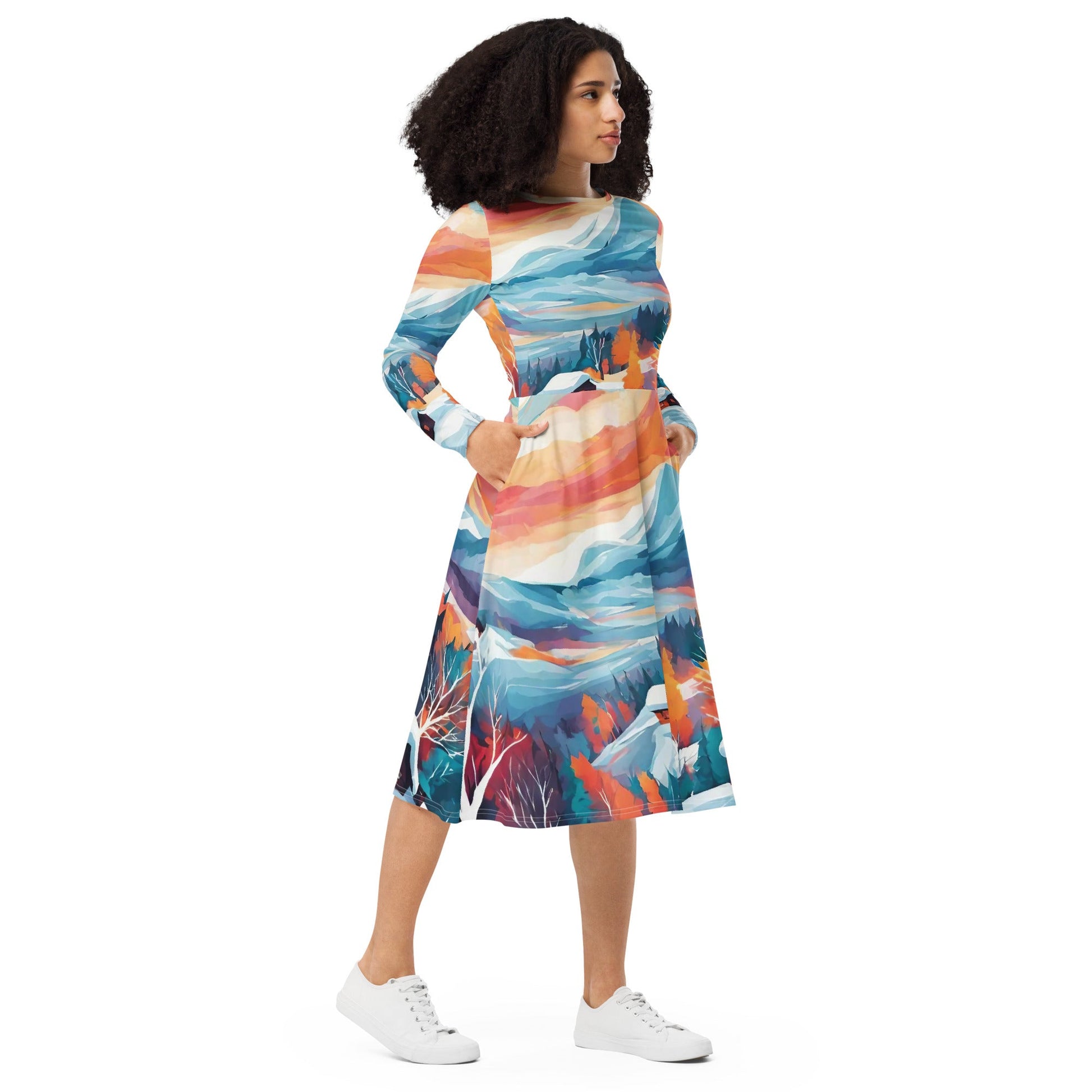 All-over print long sleeve midi dress
