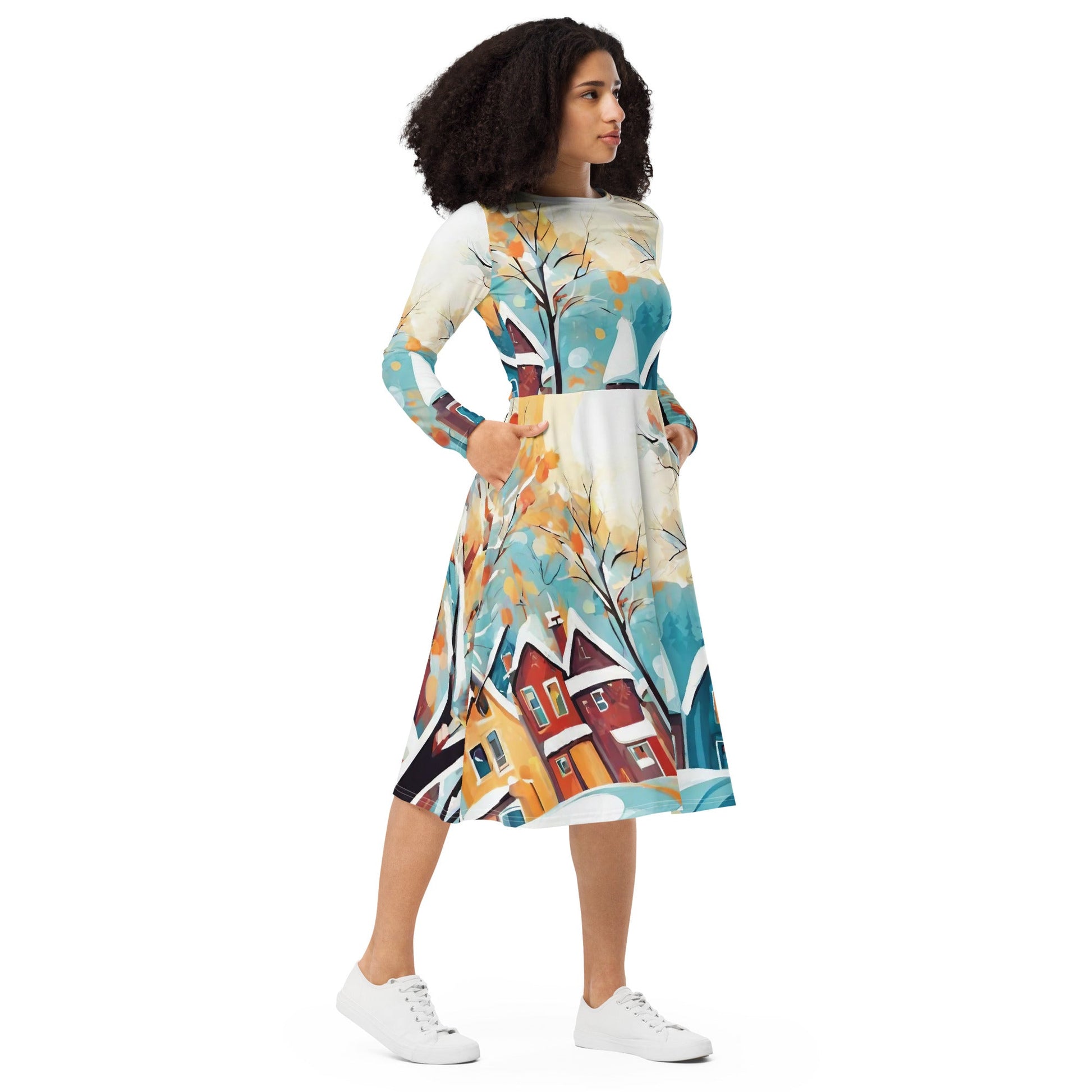 All-over print long sleeve midi dress
