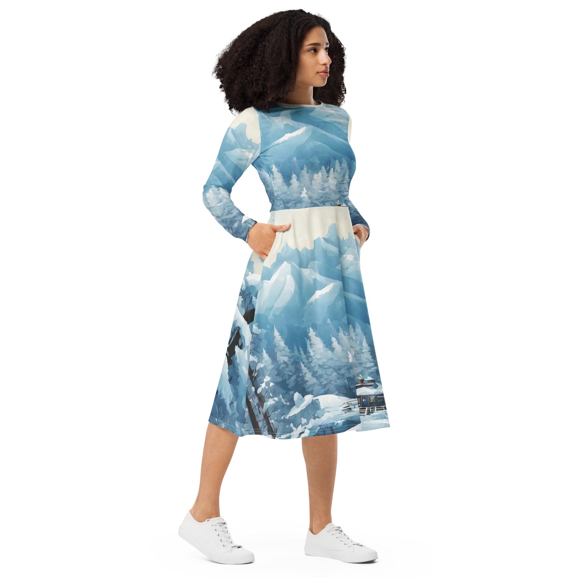 All-over print long sleeve midi dress