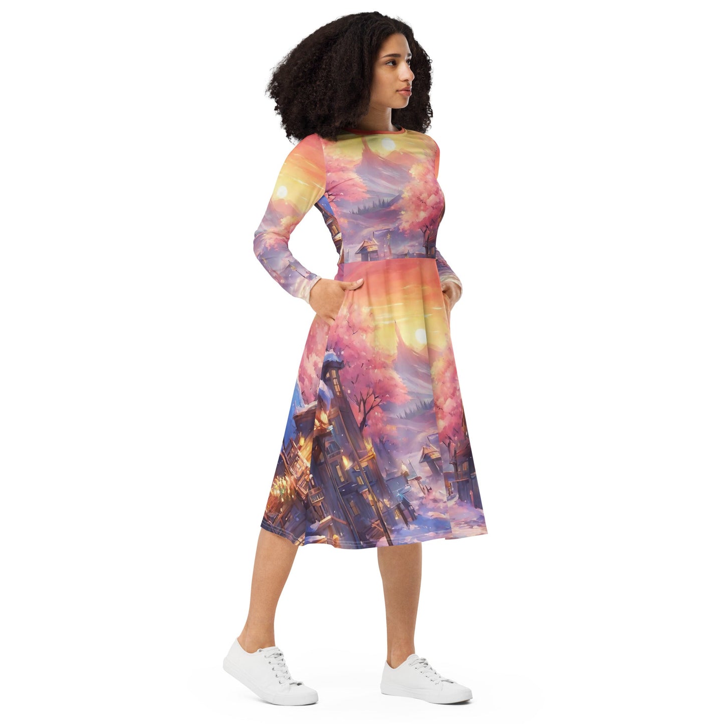All-over print long sleeve midi dress
