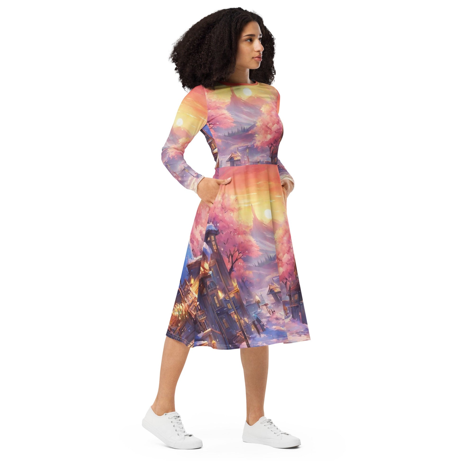 All-over print long sleeve midi dress
