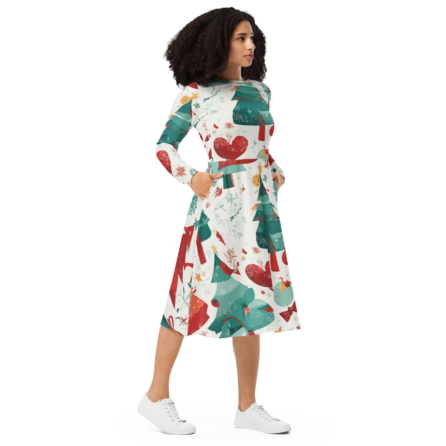 All-over print long sleeve midi dress