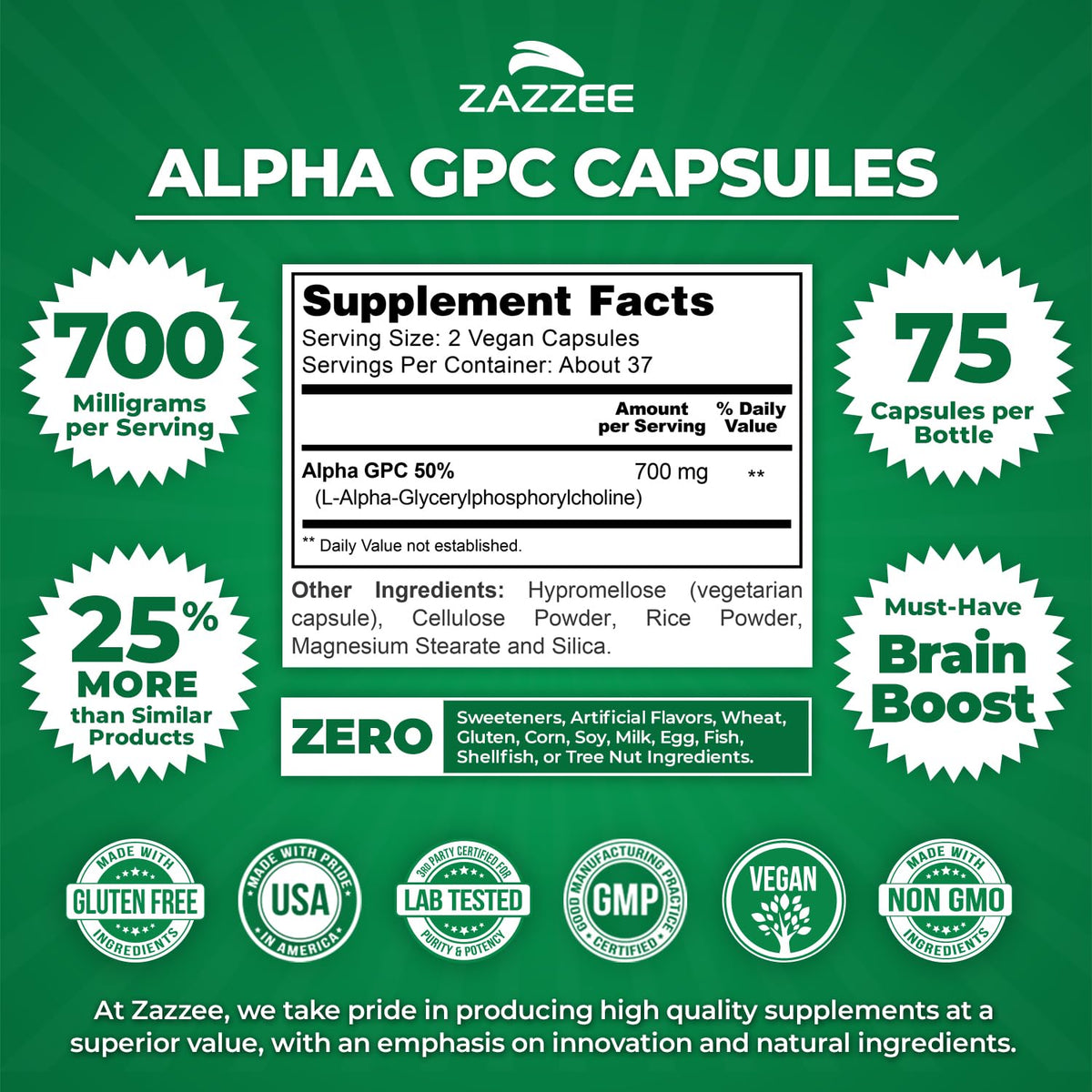 Zazzee Alpha GPC Choline 700 mg - 75 Vegan Capsules | Pharmaceutical Grade