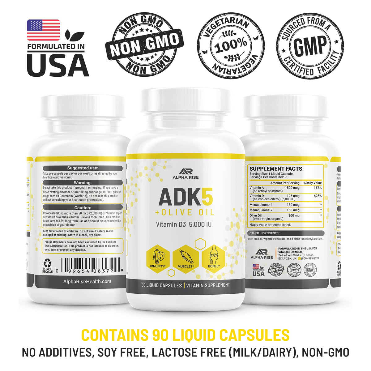 ALPHA RISE ADK Vitamin Supplement + Olive Oil for Better Absorption | ADK 5 Supplement with Vitamin A D and K | 5000 iu of Vitamin D3 + K2 (MK7+MK4) | 90 Liquid Capsules | Vegetarian | Non-GMO