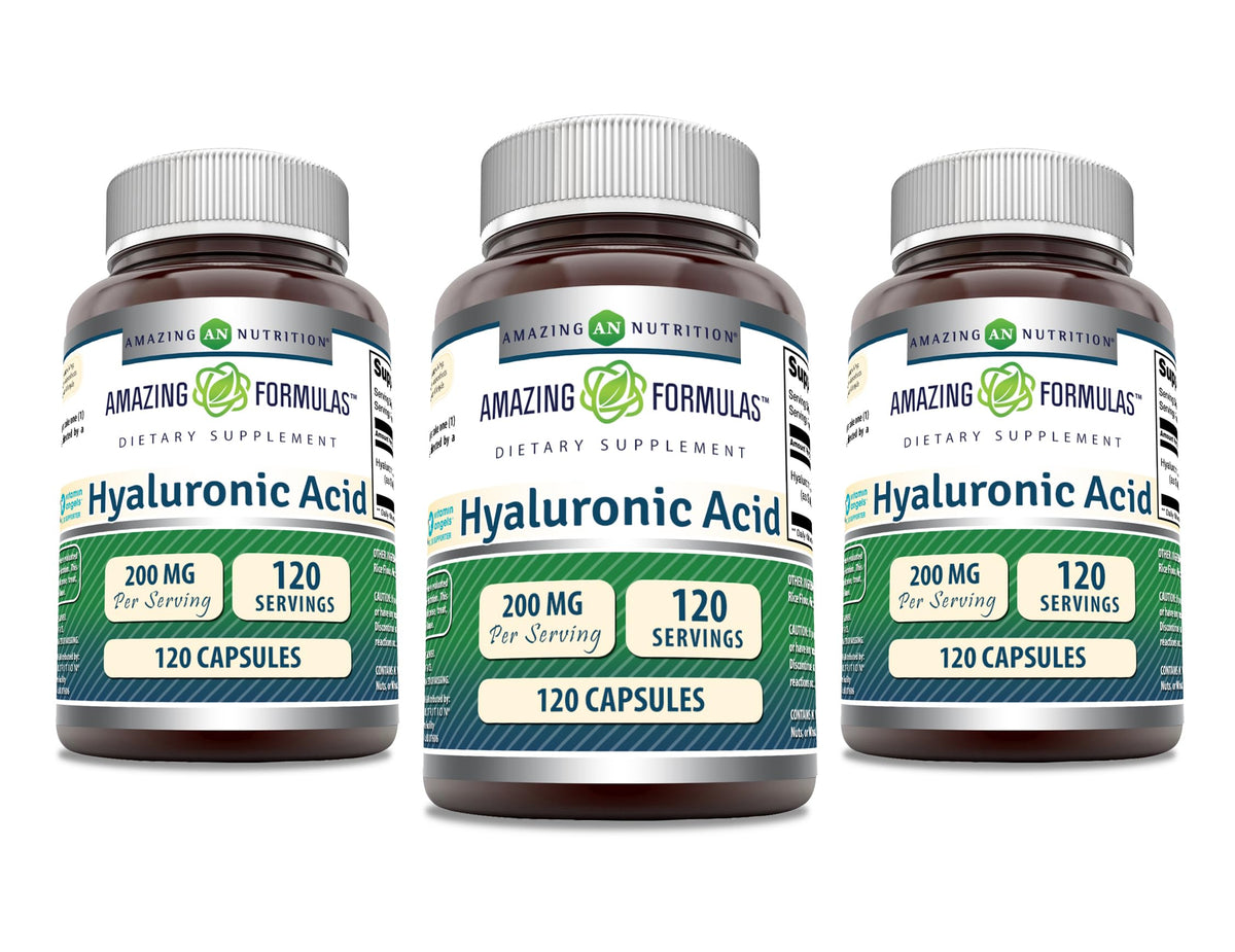 Amazing Formulas Hyaluronic Acid 200 mg Capsules – Non-GMO, Gluten Free, Made in USA | 120 Count (3 Pack) | Amazing Nutrition