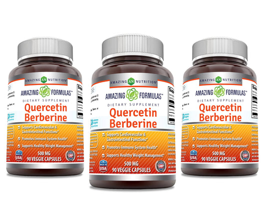 Amazing Formulas Quercetin Berberine - Veggie Capsule Supplement | 250 mg Berberine & 250 mg Quercetin | Non-GMO | Gluten Free | Made in USA | 90 Capsules (3 Pack)