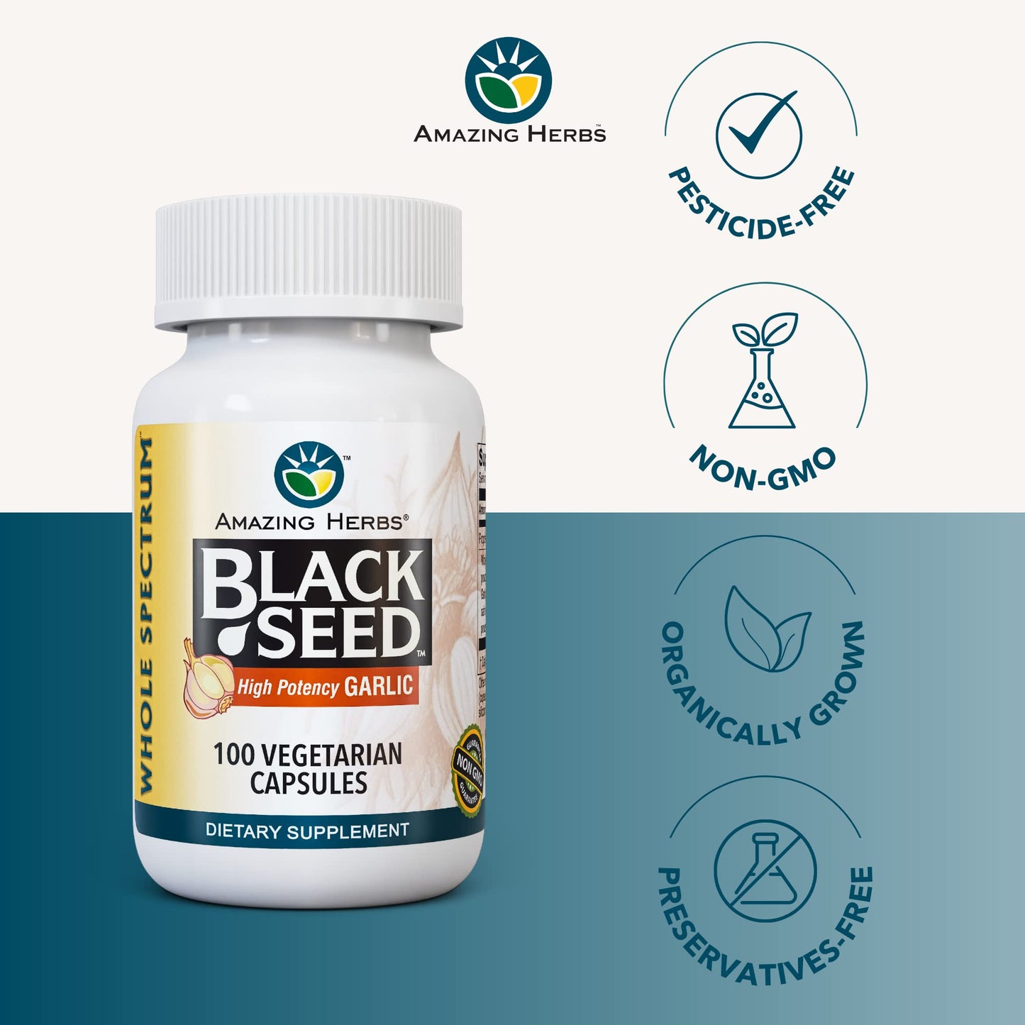 Amazing Herbs Whole Spectrum Black Seed & High Potency Garlic – 100 Count | Gluten-Free, Non-GMO, Vegan