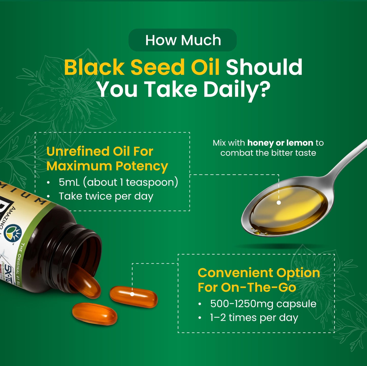 Amazing Herbs Premium Black Seed Oil – Cold-Pressed Nigella Sativa for Digestive Health, Immune Support, Brain Function, and Joint Mobility | 16 Fl Oz