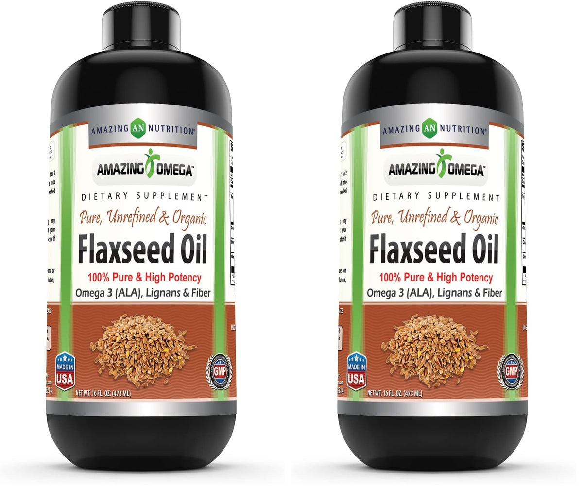 Amazing Omega Flaxseed Oil Supplement | Omega 3, Lignans & Fiber | 16 Oz | Non-GMO | Gluten Free | Made in USA (Pack of 2)