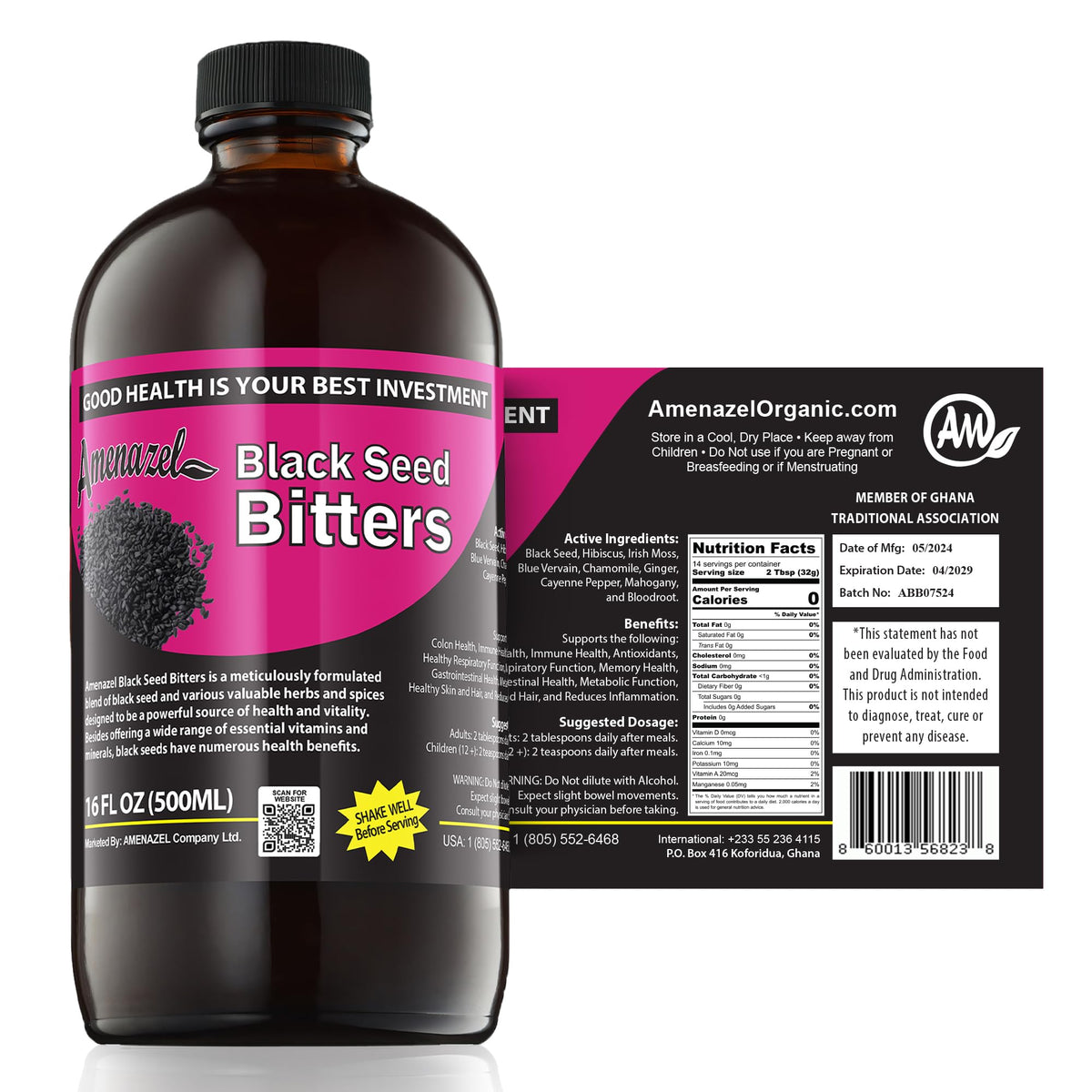 Amenazel Organic Black Seed Bitters - 16 fl oz | Immune Support & Digestive Cleansing