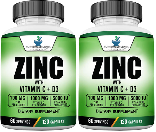 American Standard Zinc 100mg, Vitamin C 1000mg & Vitamin D3 5000 IU – 120 Capsules (Pack of 2)
