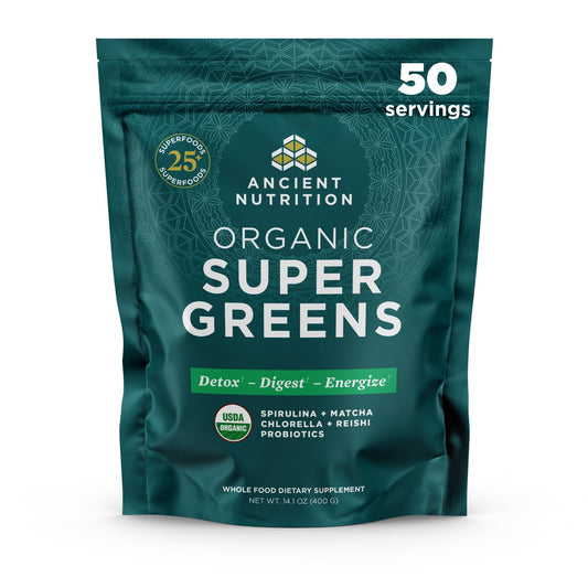 Ancient Nutrition Super Greens Powder – Organic Probiotic Superfood with Spirulina, Chlorella & Matcha | 50 Servings
