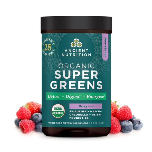 Ancient Nutrition SuperGreens Powder with Probiotics – Organic Berry Flavor, 25 Servings, 6.7 oz