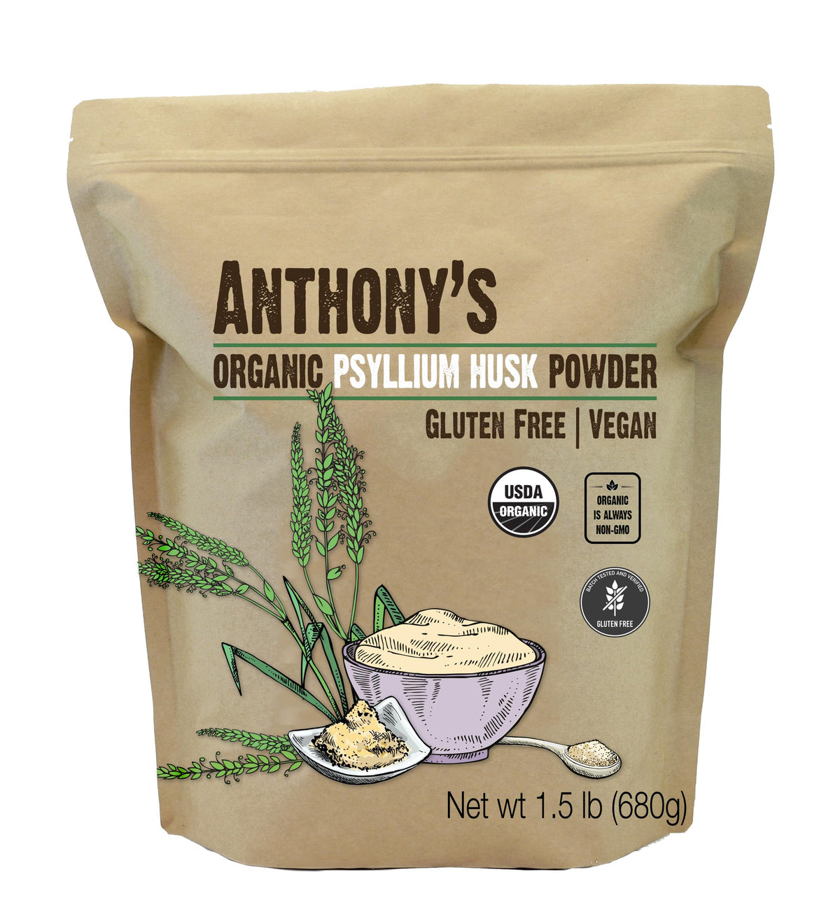 Anthony's Organic Psyllium Husk Powder 1.5 lb – Gluten Free, Non-GMO, Finely Ground