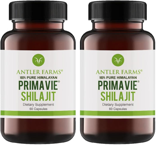 Antler Farms PrimaVie Shilajit for Men – 60 Capsules, 250 mg, 50% Fulvic Acid, Wild-Harvested Himalayan Resin (Pack of 2)
