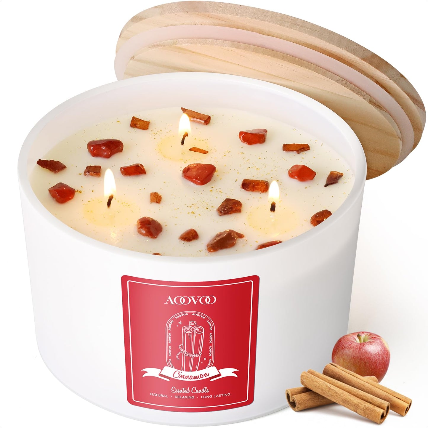 AOOVOO Apple Cinnamon Scented Candle 20oz, 3-Wick Soy, Crystals Inside