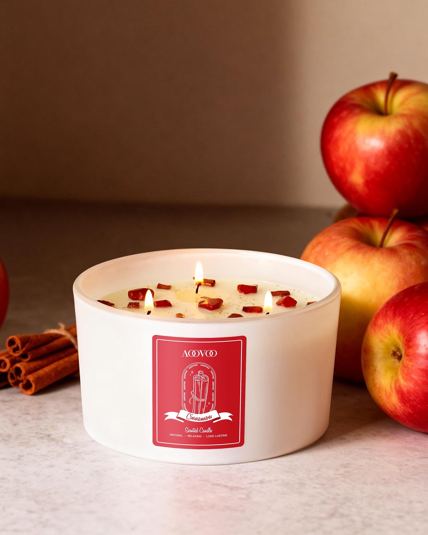 AOOVOO Apple Cinnamon Scented Candle 20oz, 3-Wick Soy, Crystals Inside