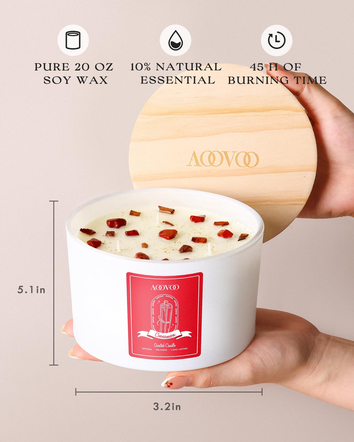 AOOVOO Apple Cinnamon Scented Candle 20oz, 3-Wick Soy, Crystals Inside