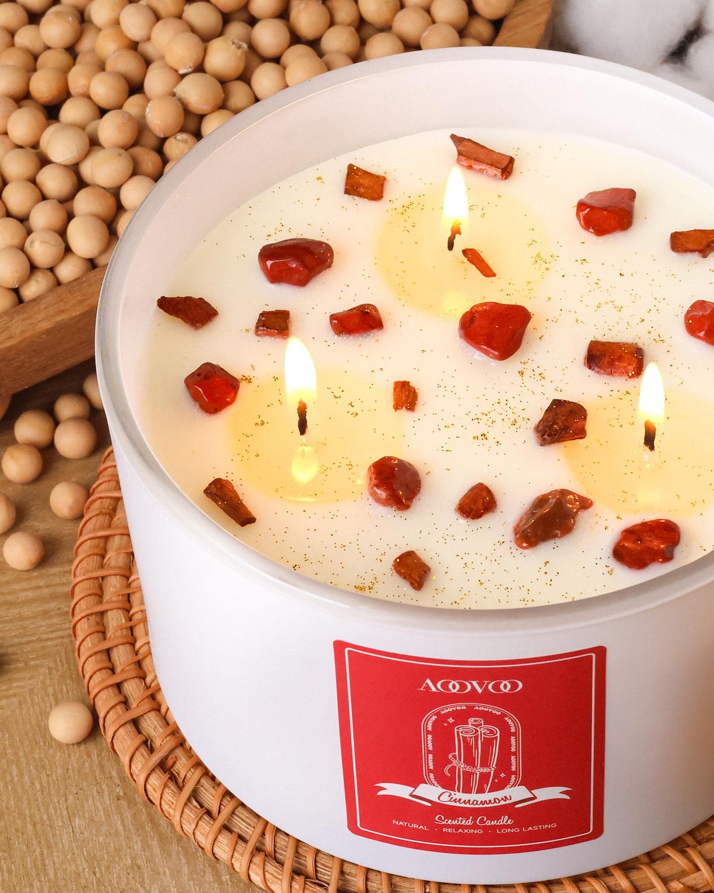 AOOVOO Apple Cinnamon Scented Candle 20oz, 3-Wick Soy, Crystals Inside