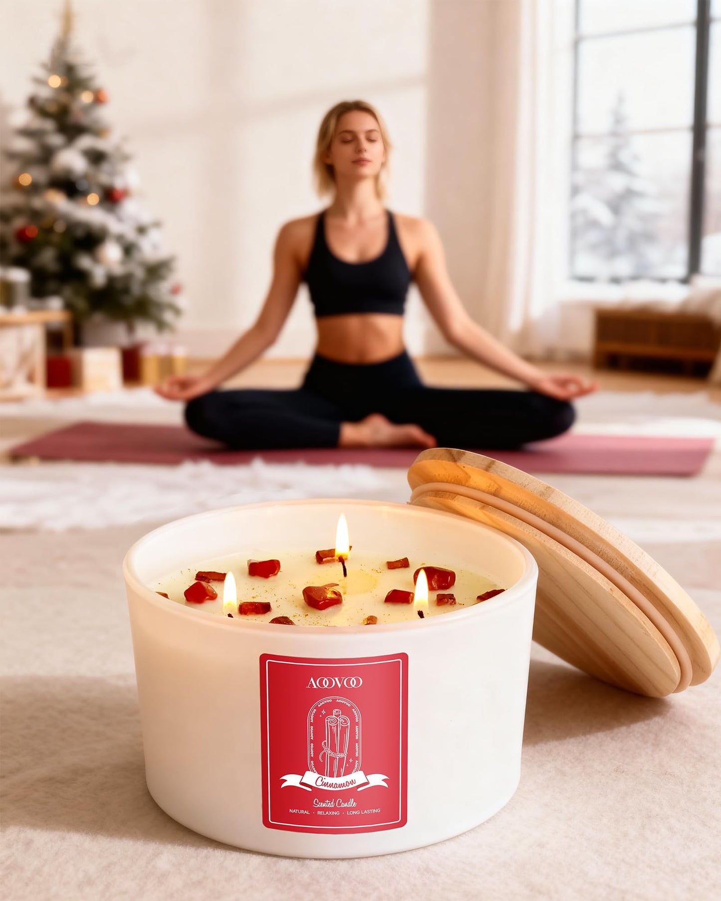 AOOVOO Apple Cinnamon Scented Candle 20oz, 3-Wick Soy, Crystals Inside