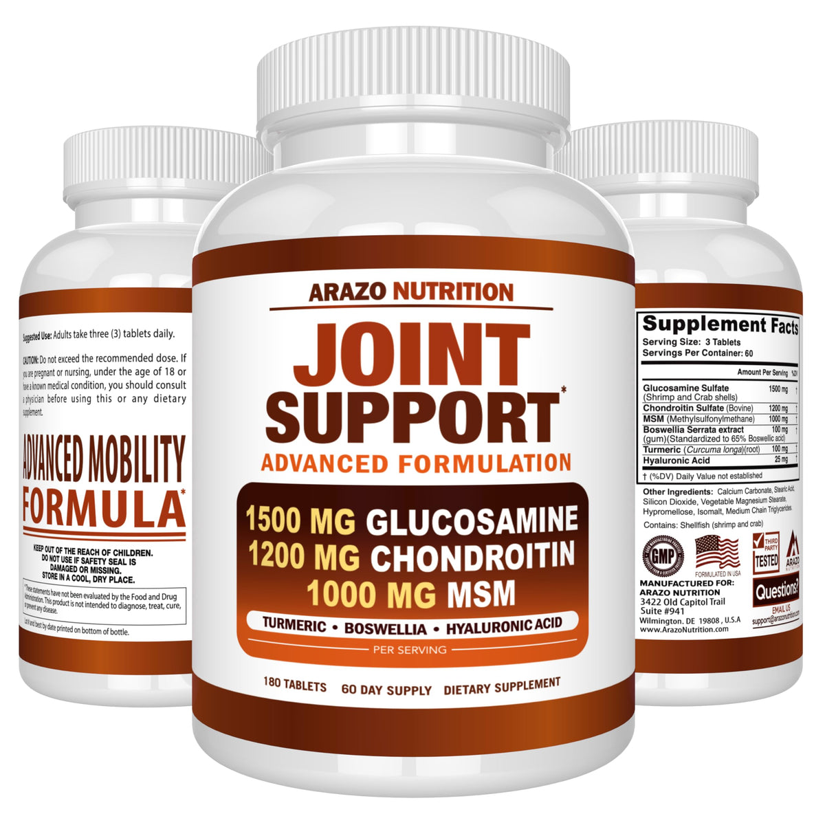 Arazo Nutrition Glucosamine Chondroitin Turmeric MSM Boswellia – Joint Support Supplement (180 Tablets)