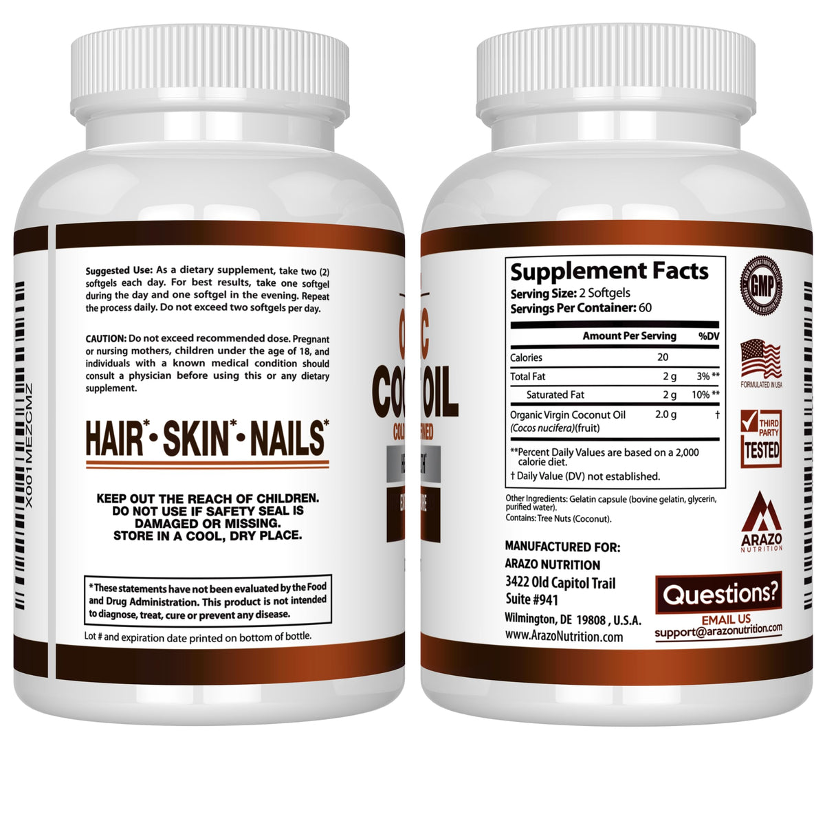 Arazo Nutrition Organic Coconut Oil 2000 MG | Extra Virgin Cold Pressed – 120 Softgels (Pack of 2)
