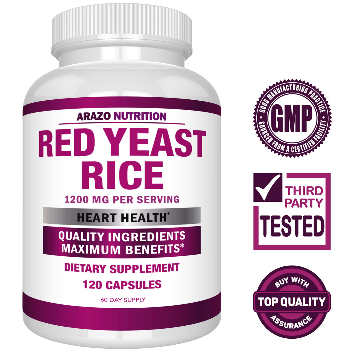 Arazo Nutrition Red Yeast Rice Extract 1200 MG – Citrinin Free, Vegetarian, 120 Capsules (Pack of 2)
