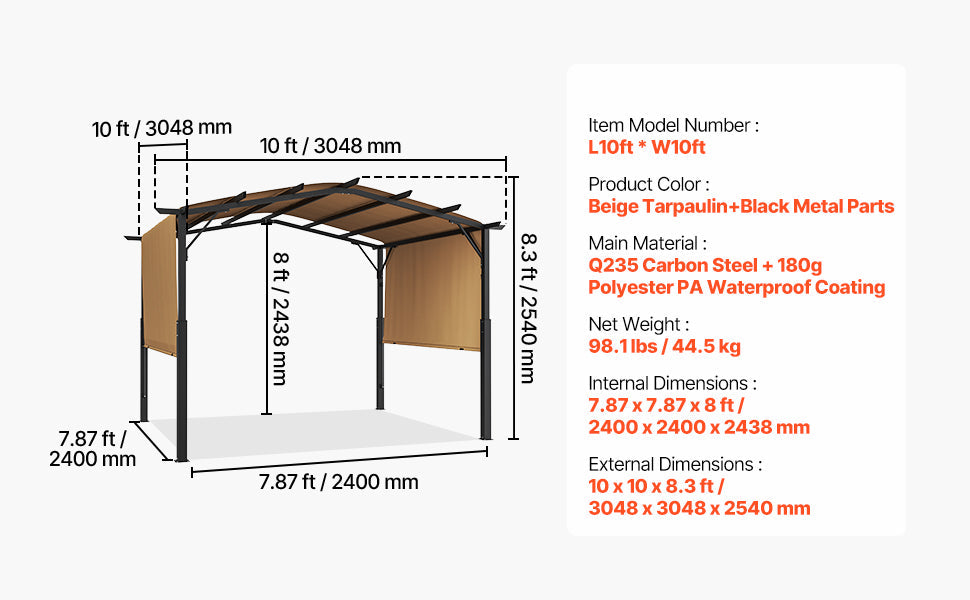 VEVOR Outdoor Pergola Arched Top Metal Pergola Retractable Pergola with Sun Shade Canopy Large Patio Shelter Pavilion for Deck