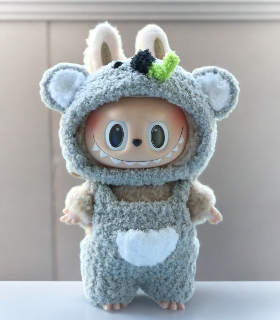 Labubu Koala Costume Set - Fuzzy Gray Onesie with Ears (17cm)
