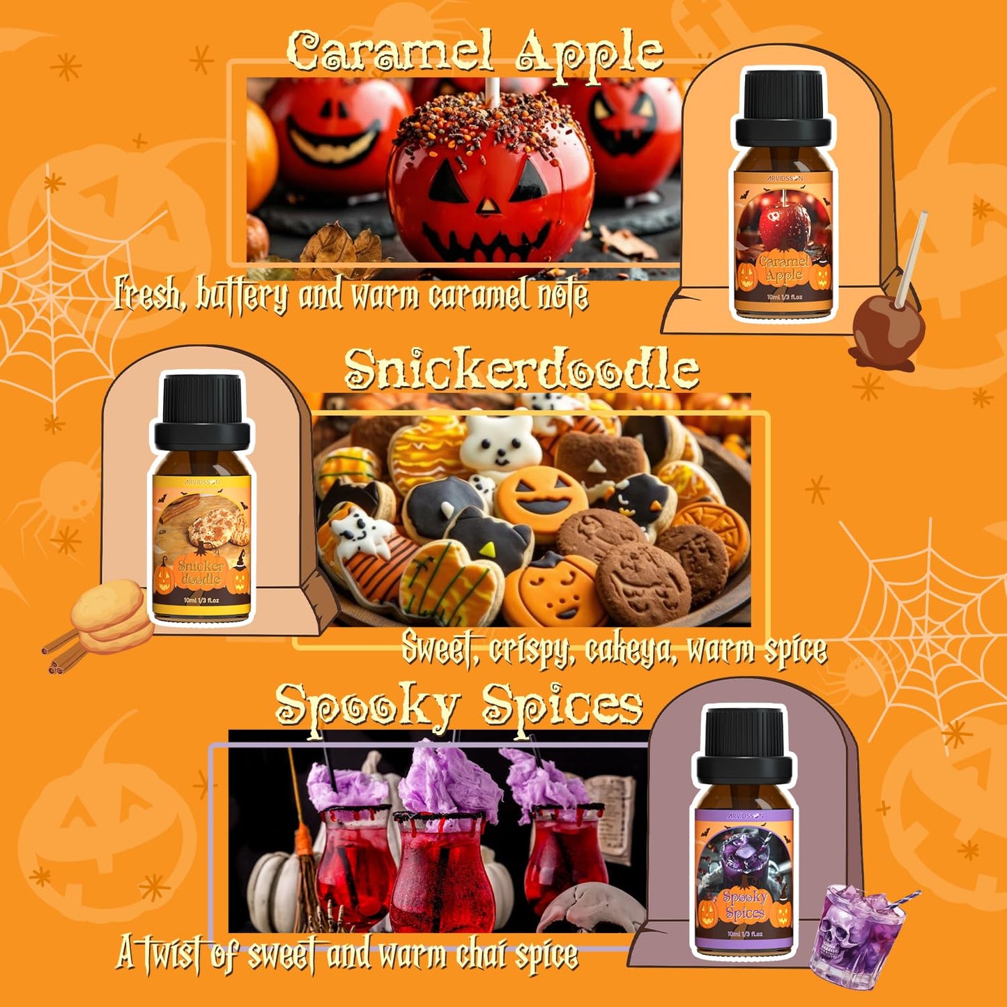ARVIDSSON Halloween Fragrance Oils Set – Fall Diffuser Oils (Pumpkin Pie, Spiced Cider, Caramel Apple)